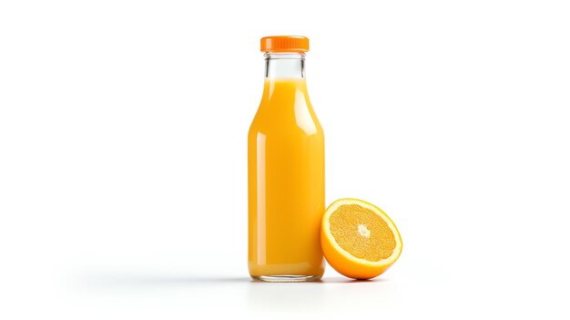 Une bouteille de jus d'orange à côté de la moitié d'une orange