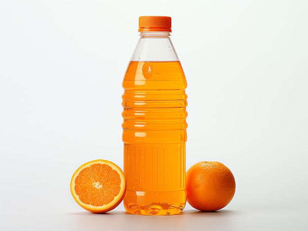 Photo une bouteille de jus d'orange à côté d'une orange