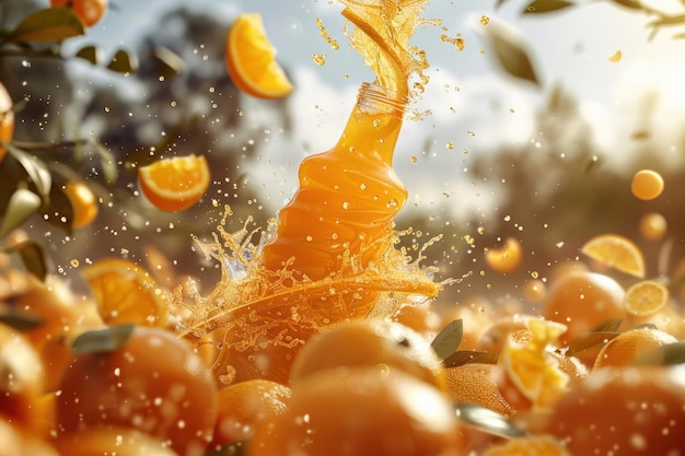 bouteille de jus d'orange avec un fond de ferme d'oranges