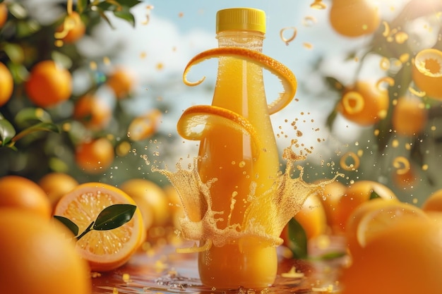 bouteille de jus d'orange avec un fond de ferme d'oranges