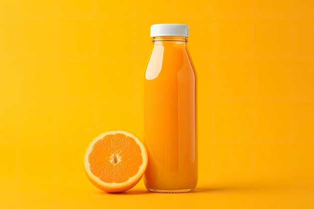 Bouteille de jus d'orange sur fond orange