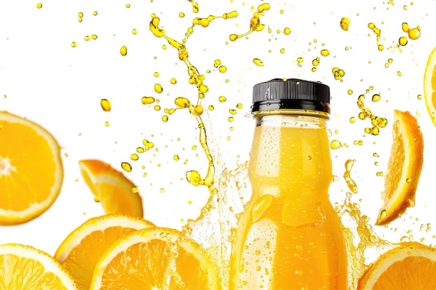 Bouteille de jus d'orange naturel avec chapeau noir et tranches éclaboussées sur fond blanc