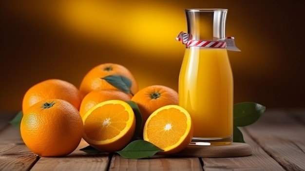 Une bouteille de jus d'orange avec des oranges dessus à côté d'un pichet.