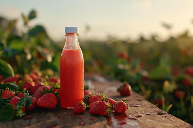 une bouteille de jus d'orange posée sur une table en bois