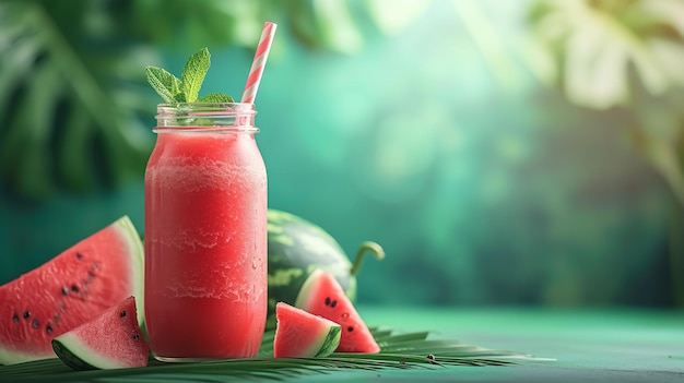 Bouteille de jus de pastèque fraîche avec du pastèque dans une surface verte avec une surface vide IA générative