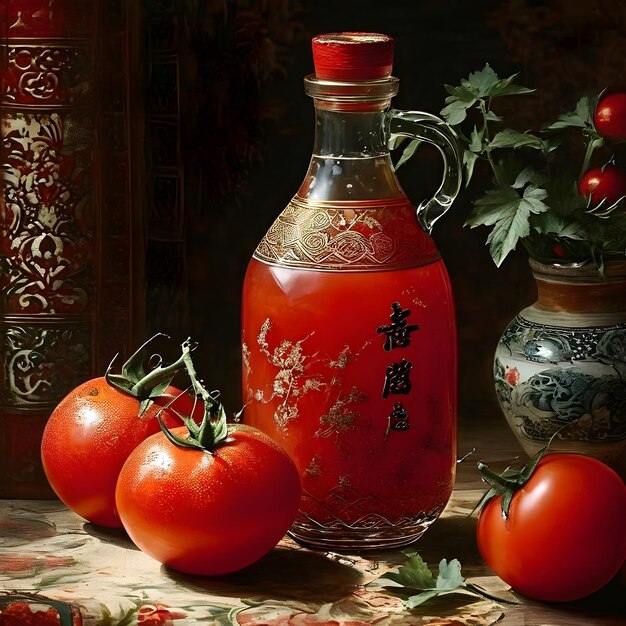 Photo une bouteille de jus de tomate est assise à côté d'un bouquet de tomates