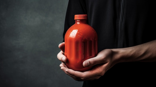 Bouteille de jus de tomate à la main sur fond gris en gros plan