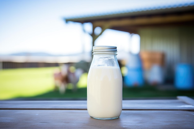 Bouteille de kéfir ouverte avec une ferme laitière en arrière-plan