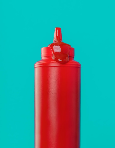 Photo bouteille de ketchup en gros plan isolée sur un fond bleu