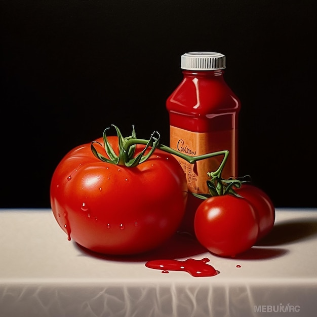 Une bouteille de ketchup et une tomate sur une table.