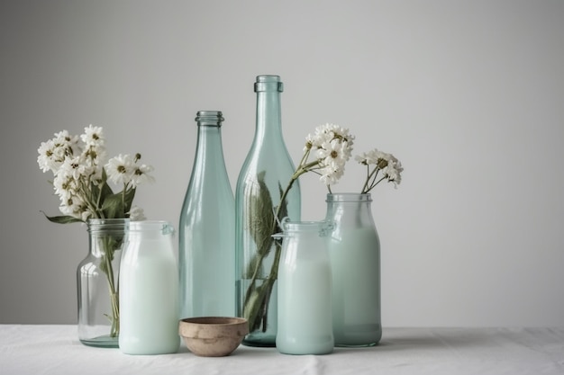 Bouteille de lait et arrangement de verre avec fond blanc