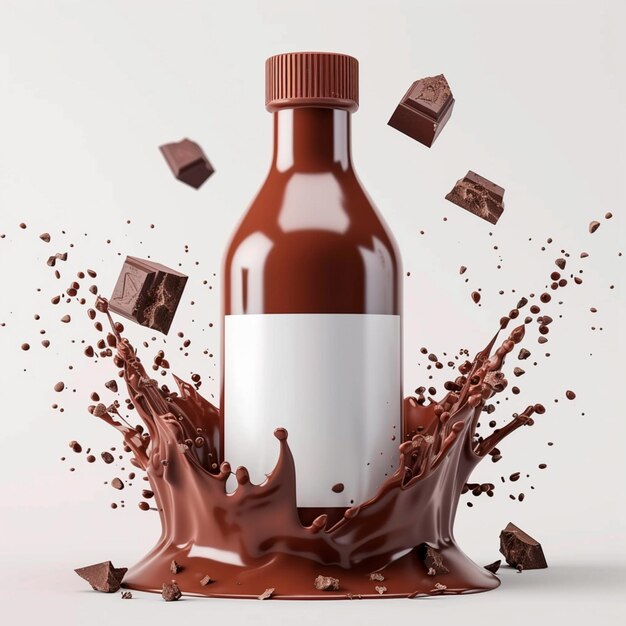 Bouteille de lait au chocolat avec des éclaboussures et des morceaux de chocolat autour