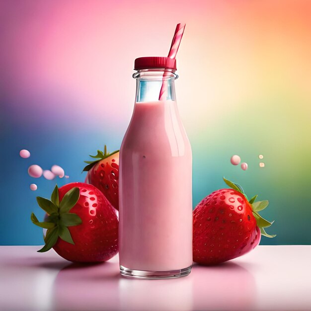 Photo une bouteille de lait aux fraises avec une paille dedans et deux fraises sur la table.
