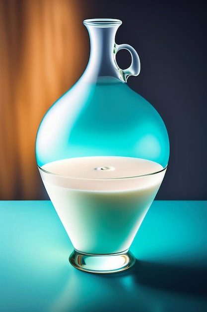 Une bouteille de lait bleue se trouve à côté d'un verre de lait.