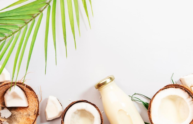 Bouteille De Lait De Coco Fruits Et écorces Sur Fond Gris Vue De Dessus Lumière Dure