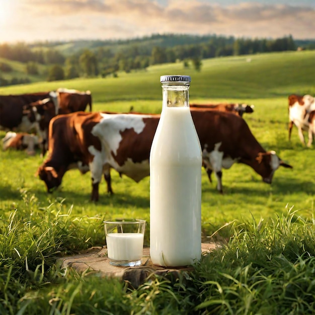 Bouteille de lait dans une laiterie de champs d'herbe