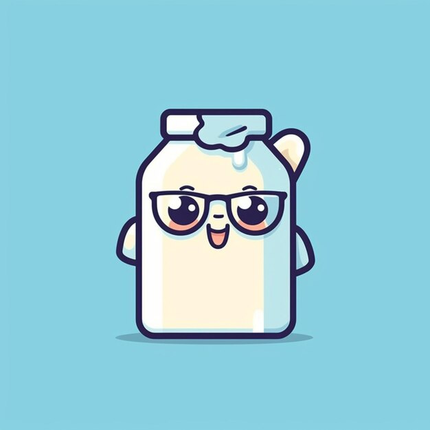 une bouteille de lait de dessin animé avec un visage et des lunettes sur elle