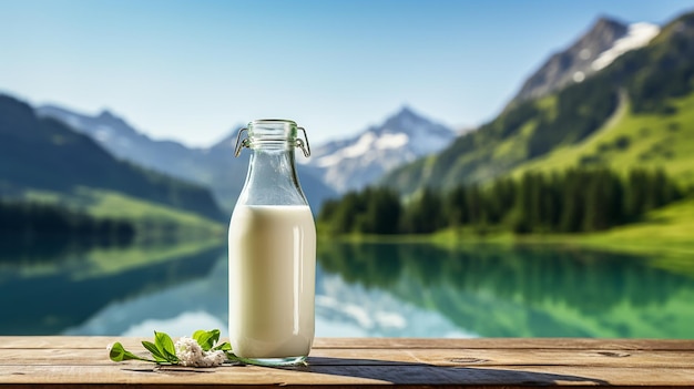 bouteille de lait sur le fond des montagnes