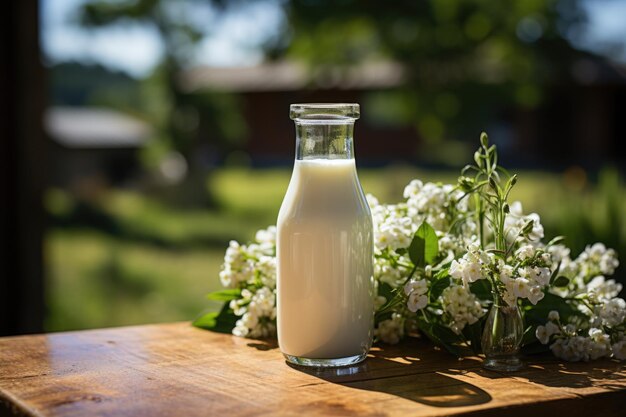 Une bouteille de lait frais dans une ferme d'été ensoleillée