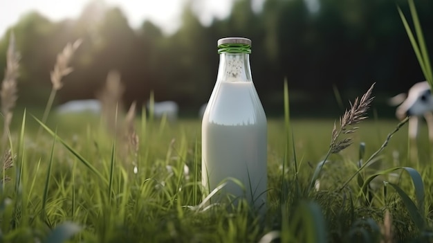 Une bouteille de lait frais sur une prairie d'été ensoleillée ferme prairie nature et plantes Ai générative