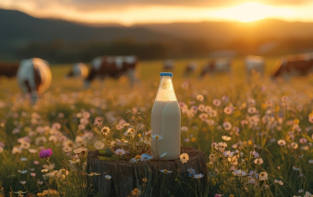 Une bouteille de lait frais sur une souche naturelle au milieu des vaches qui paissent et des fleurs sauvages à la fin de la journée