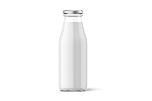 Une bouteille de lait en verre est sur un fond blanc.