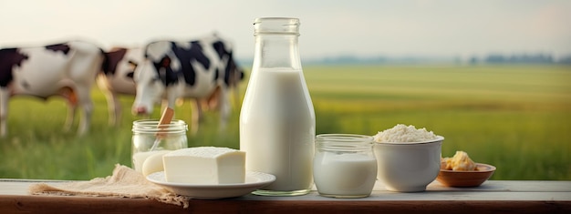 Une bouteille de lait en verre est posée sur une table devant une bannière sur le thème des vaches laitières