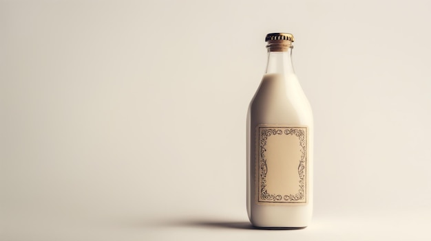 Photo bouteille de lait en verre avec une étiquette décorative et un bouchon métallique thème laitier vintage sur un fond beige