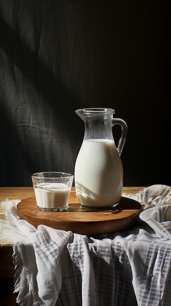 Une bouteille de lait et un verre de lait sur une table.