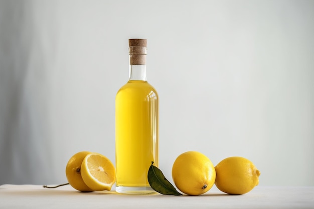 Une bouteille de limoncello et de citron sur un fond rustique léger liqueur de citron