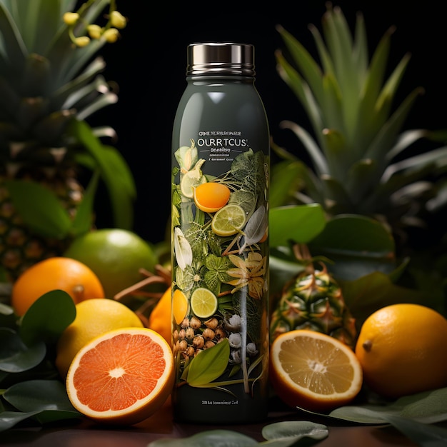 une bouteille de liquide avec un fruit tropical dessus