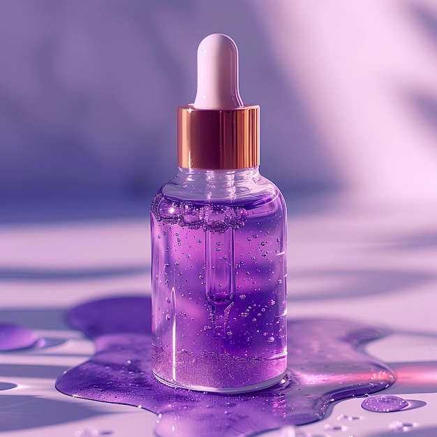 Une bouteille de liquide avec un goutte-à-goutte sur une table avec des gouttelettes d'eau sur elle et un fond violet