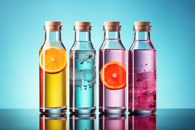 Bouteille avec un liquide multicolore ou une potion magique médicament fond coloré