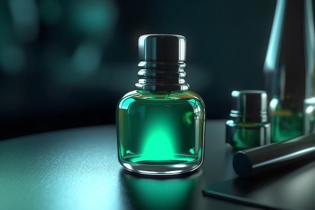 Une bouteille de liquide vert se trouve sur une table avec un fond noir.