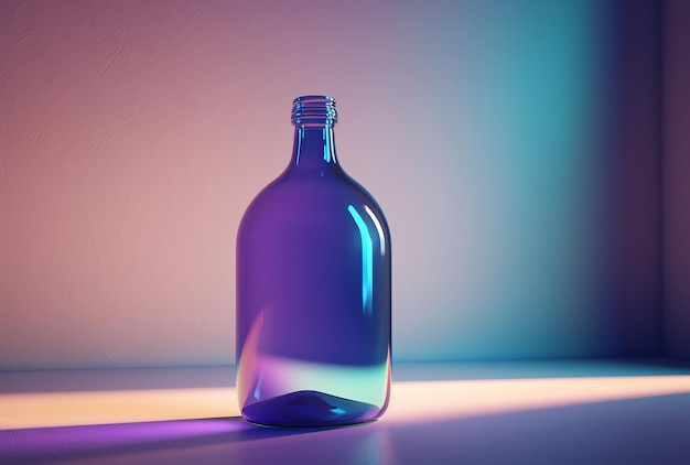 Une bouteille de liquide violet est posée sur une table.