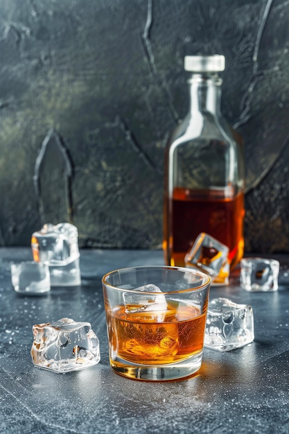 Photo une bouteille de liquore et un verre de liquore avec des cubes de glace dans le verre