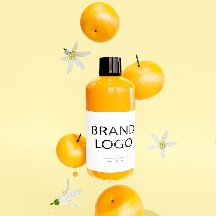 Photo une bouteille de logo de marque orange avec des oranges sur fond jaune.