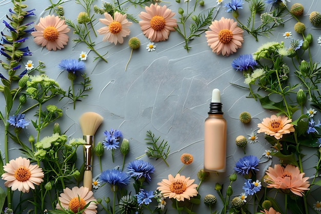 Photo bouteille de lotion avec des fleurs ia générative