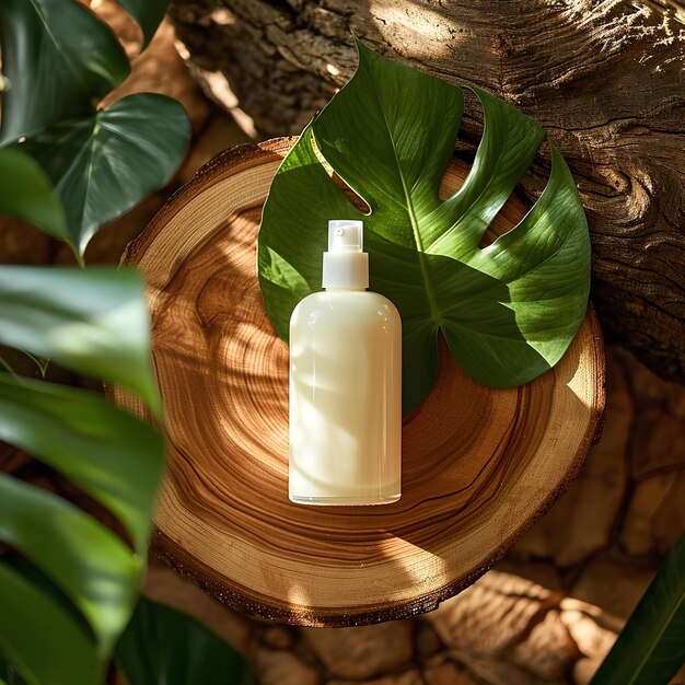 Bouteille de lotion naturelle pour le visage ou le corps à côté d'une plante