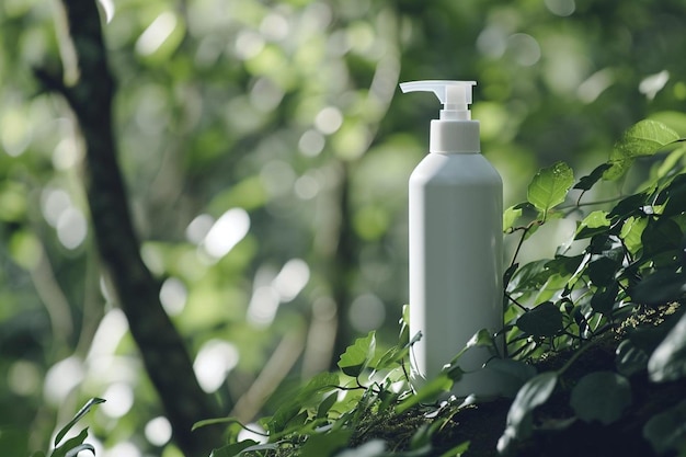 une bouteille de lotion posée au sommet d'un arbre