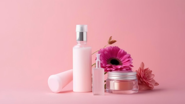 Une bouteille de maquillage rose à côté d'un pot de fleurs