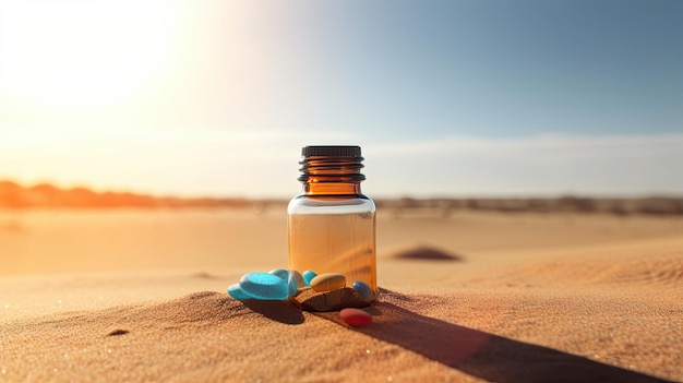 Une bouteille de médicament se trouve dans le sable avec une bouteille bleue au premier plan.