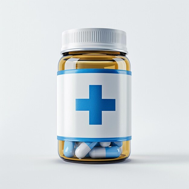 une bouteille de médicaments avec une croix bleue au milieu