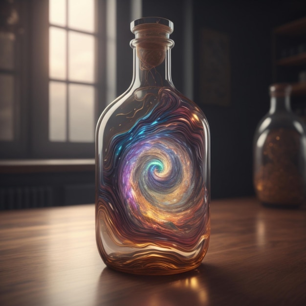 une bouteille avec un motif en spirale sur le dessus.