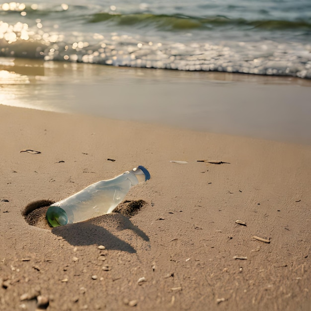 une bouteille de mousse de mer est sur la plage.