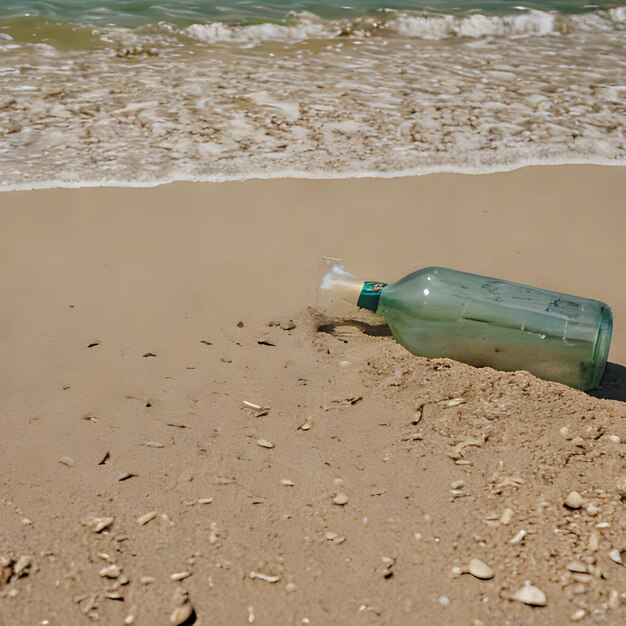 Photo une bouteille de mousse de mer est sur une plage.