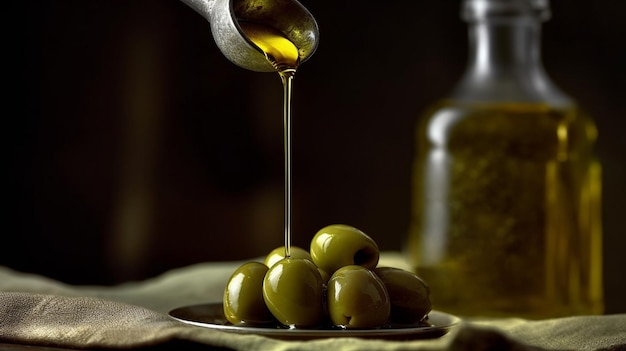 Une bouteille d'olives vertes fraîches se trouve à l'intérieur, offrant un rafraîchissement sain et une option alimentaire