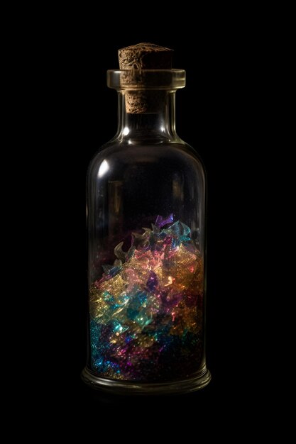 Une bouteille de paillettes dans un fond sombre