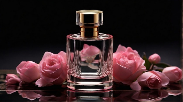 Bouteille de parfum antique et de luxe avec une composition de fleurs roses sur fond sombre