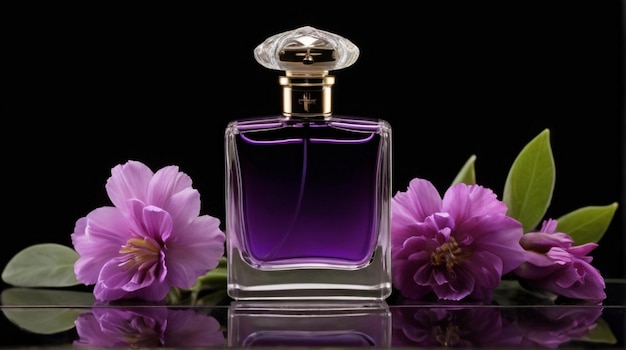 Bouteille de parfum antique et de luxe avec une composition de fleurs violettes sur fond sombre